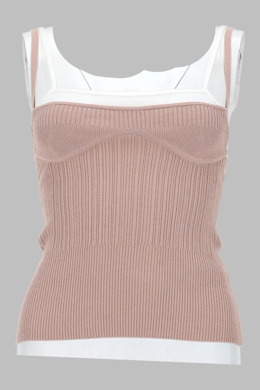 Diesel women’s blush pink ribbed knit tank top with white sheer panel at neckline and armholes in maglia con effetto sovrapposto style