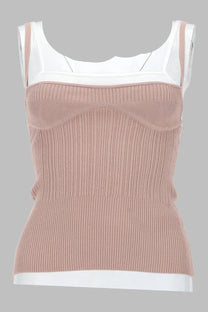 Diesel women’s blush pink ribbed knit tank top with white sheer panel at neckline and armholes in maglia con effetto sovrapposto style