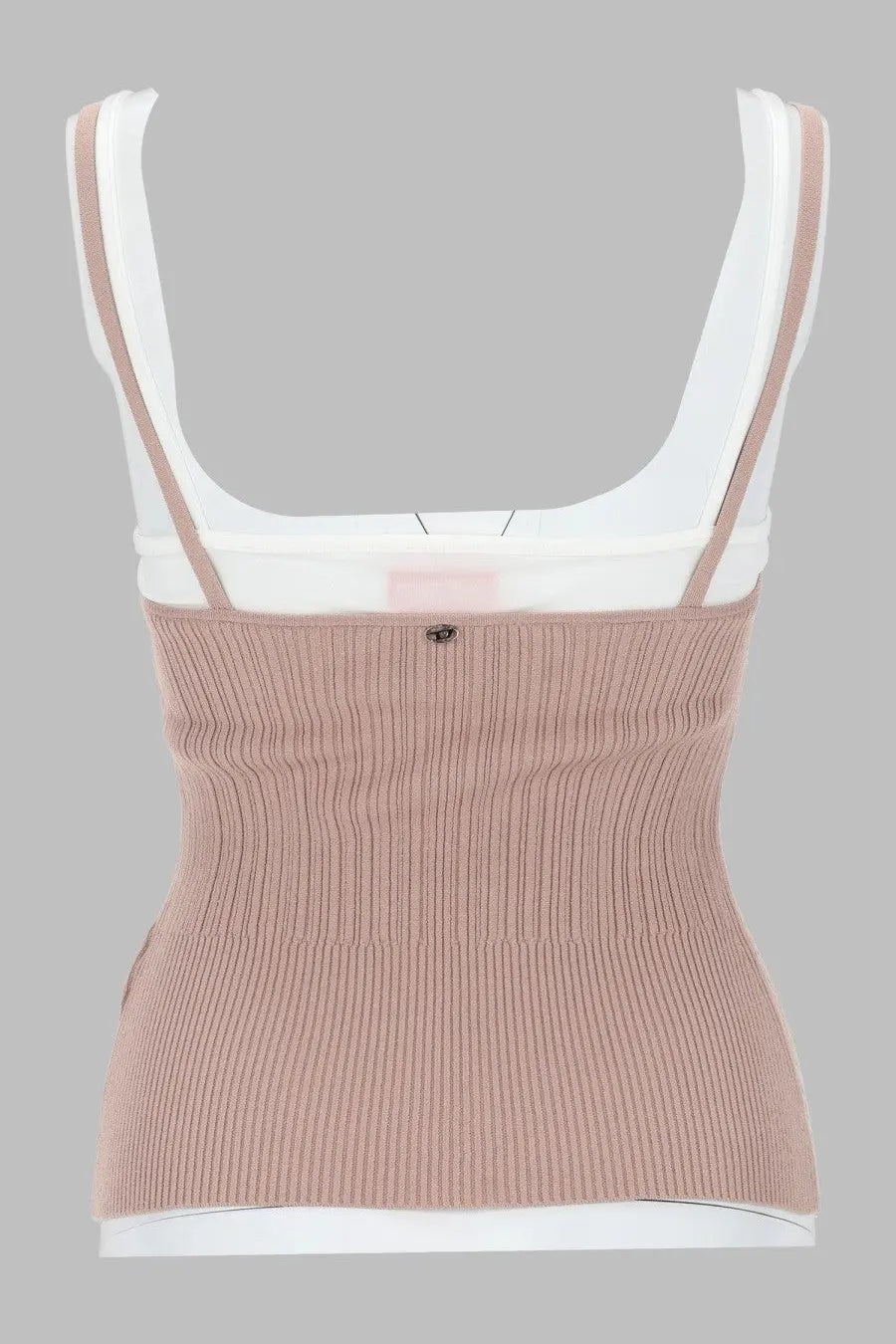 Diesel women’s knit tank top in dusty rose ribbed fabric with thin straps and white underlayer blue maglia effetto sovrapposto