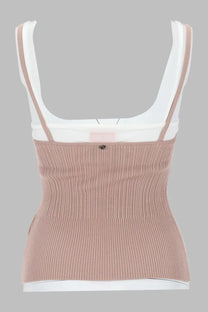 Diesel women’s knit tank top in dusty rose ribbed fabric with thin straps and white underlayer blue maglia effetto sovrapposto