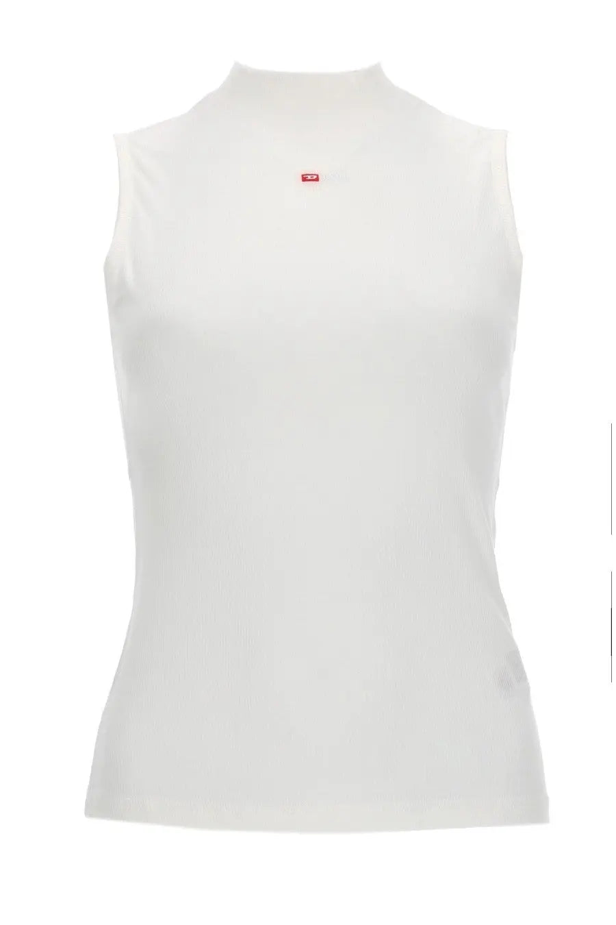 Diesel women’s sleeveless white top with high neckline and subtle red logo at center chest in microdiv fabric
