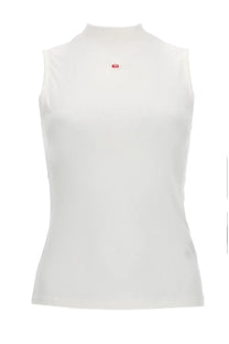 Diesel women’s sleeveless white top with high neckline and subtle red logo at center chest in microdiv fabric