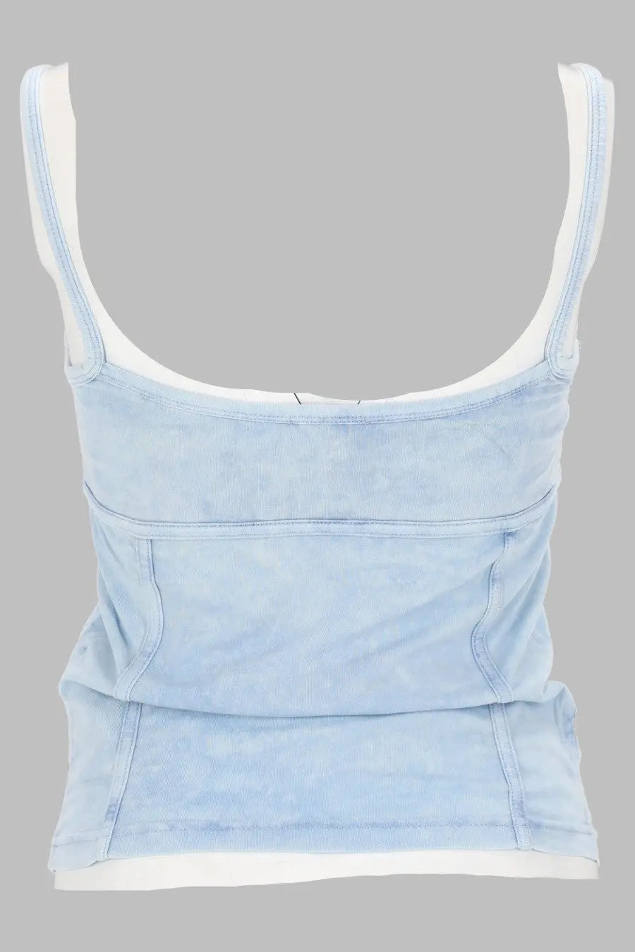 Diesel women’s light blue denim tank top with white trim along straps and hem in casual style