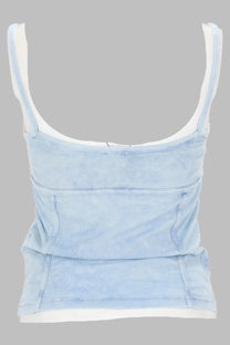 Diesel women’s light blue denim tank top with white trim along straps and hem in casual style