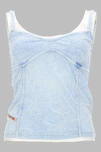 Diesel women’s light blue denim tank top with white trim and subtle distressed texture in denim blue