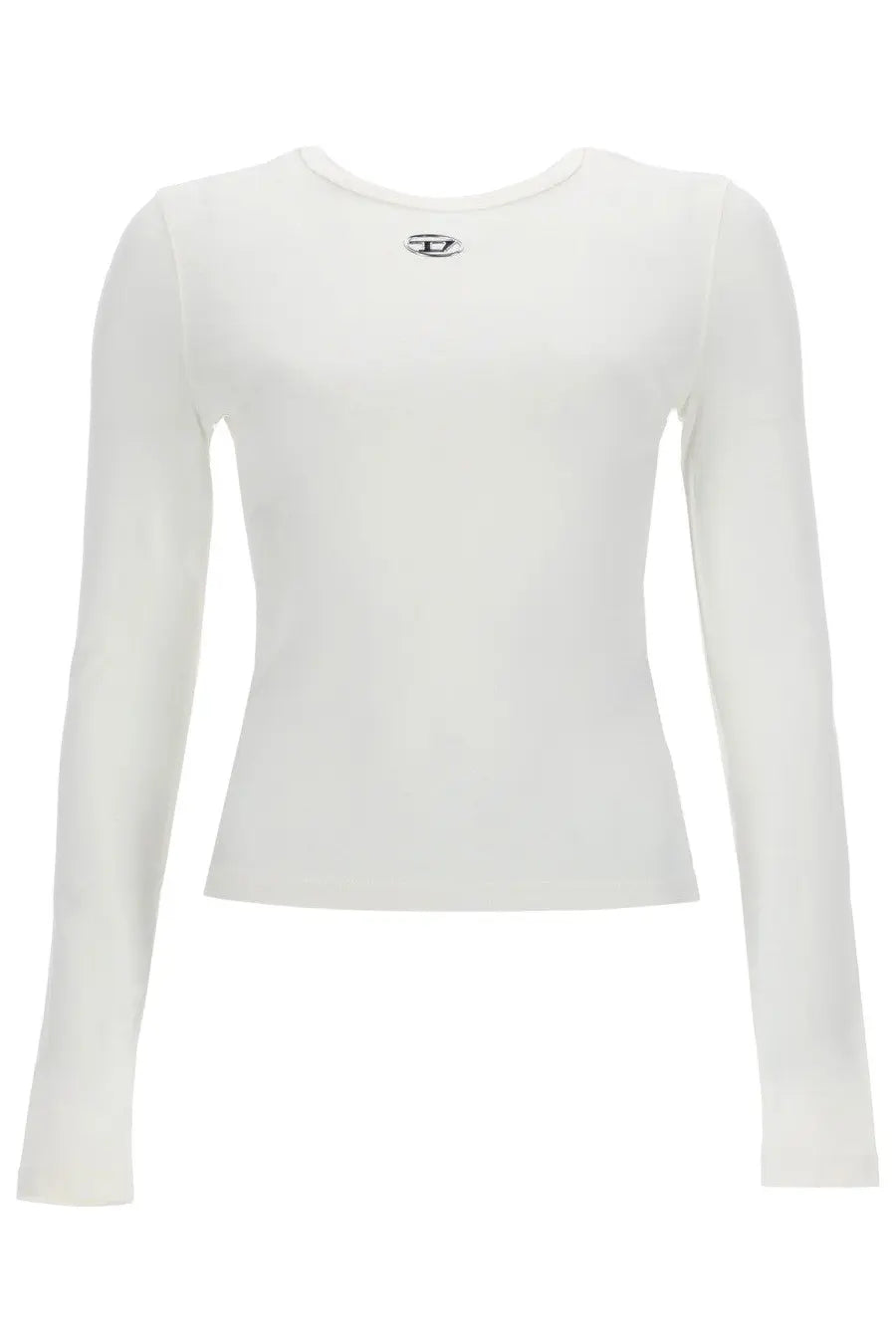 Diesel women’s white fitted long-sleeved top with a small black logo at the neckline ideal for casual wear