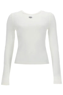 Diesel women’s white fitted long-sleeved top with a small black logo at the neckline ideal for casual wear