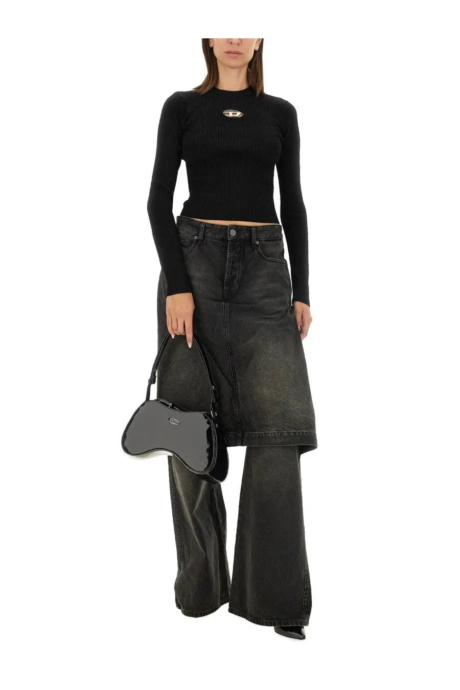 Diesel women’s top Valari black glossy leather handbag with curved asymmetrical shape and small metallic logo on front