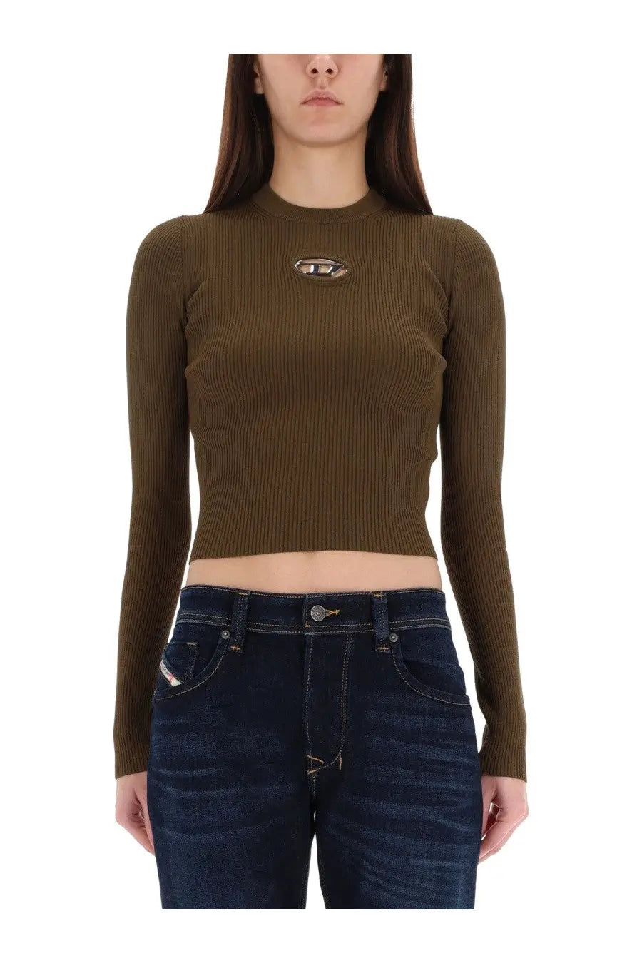 Diesel women’s olive green ribbed long-sleeve crop top with metallic logo emblem on the chest in Valari Brown style