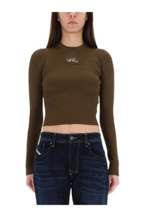 Diesel women’s olive green ribbed long-sleeve crop top with metallic logo emblem on the chest in Valari Brown style