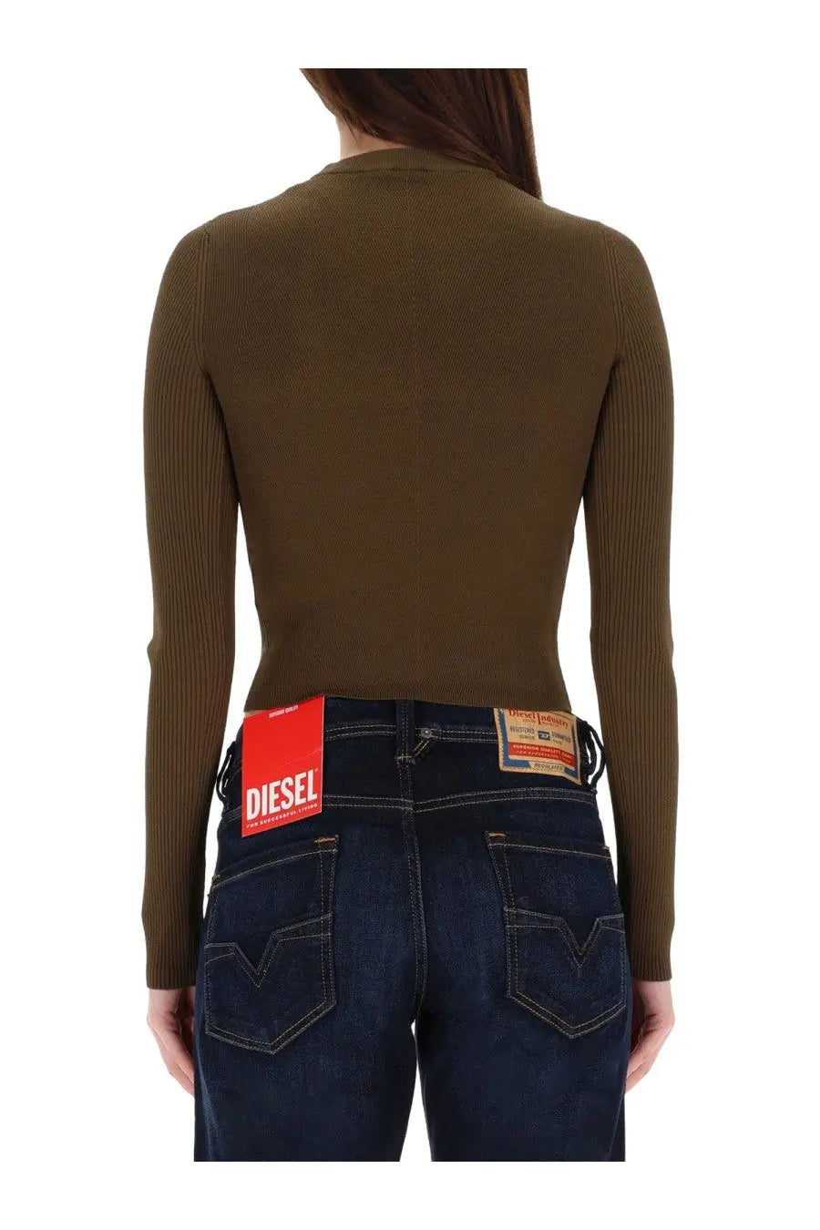 Back view of diesel women’s olive green ribbed long sleeve top valari brown with high neckline and brand label on waistband