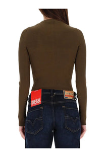 Back view of diesel women’s olive green ribbed long sleeve top valari brown with high neckline and brand label on waistband