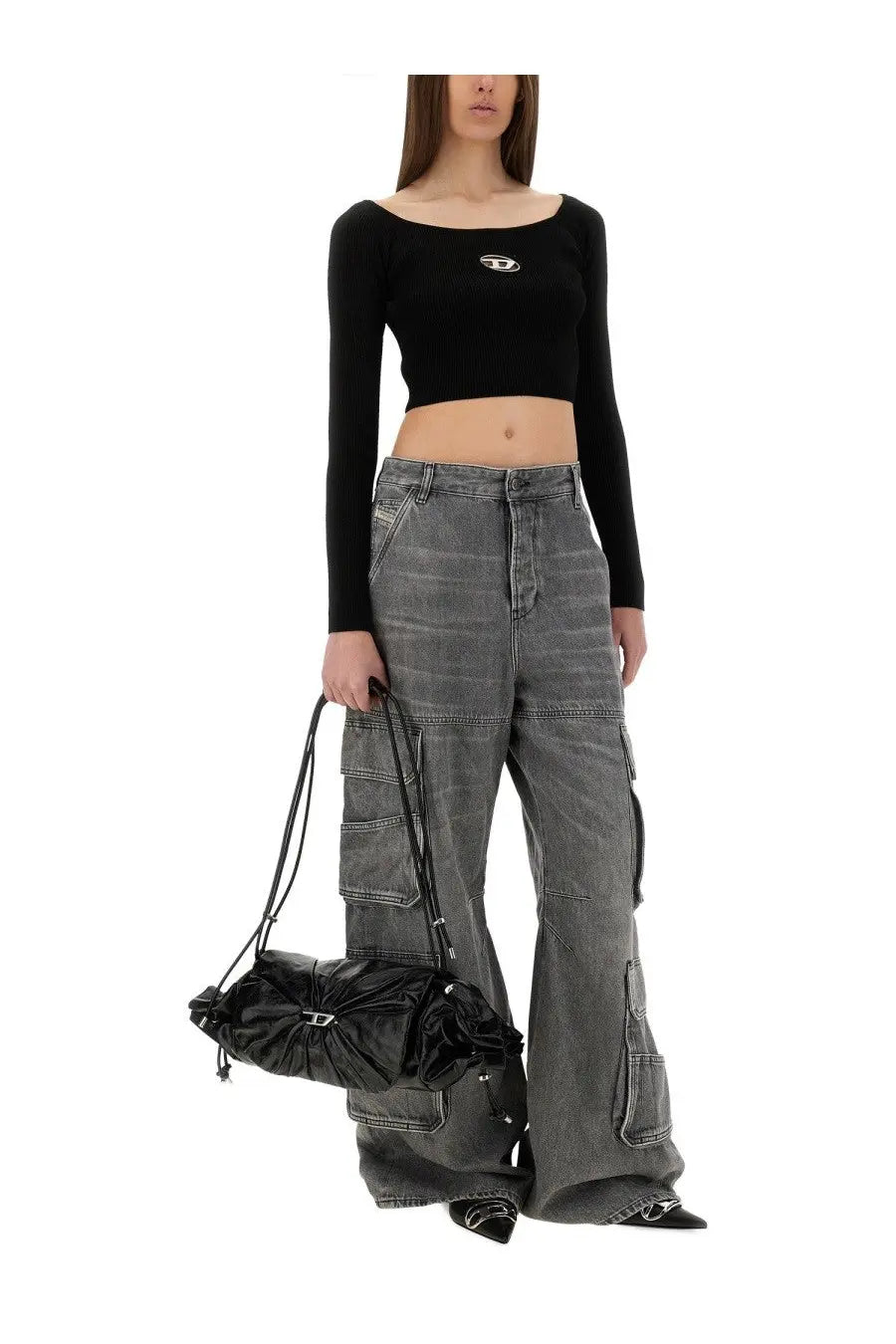 Diesel women’s top vera black glossy black drawstring bag with slightly crinkled texture and adjustable straps