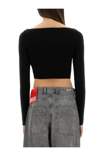 Diesel women’s black ribbed long-sleeve crop top with boat neckline made from soft fabric for stylish casual wear
