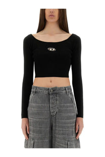 Black ribbed long-sleeve crop top with white logo on chest Diesel women’s top Vera black in soft fabric