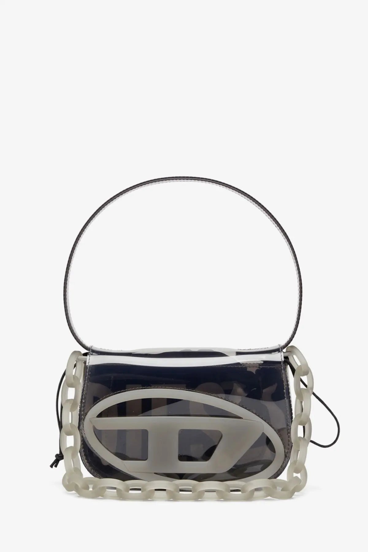 Diesel women’s black clear plastic tpu shoulder bag with bold translucent oval logo and chunky white chain detailing