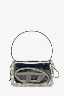 Diesel women’s black clear plastic tpu shoulder bag with bold translucent oval logo and chunky white chain detailing