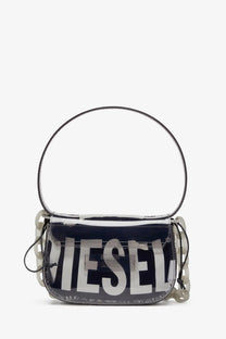Diesel women’s black TPU shoulder bag with clear plastic body bold white logo transparent handle and chunky chain strap