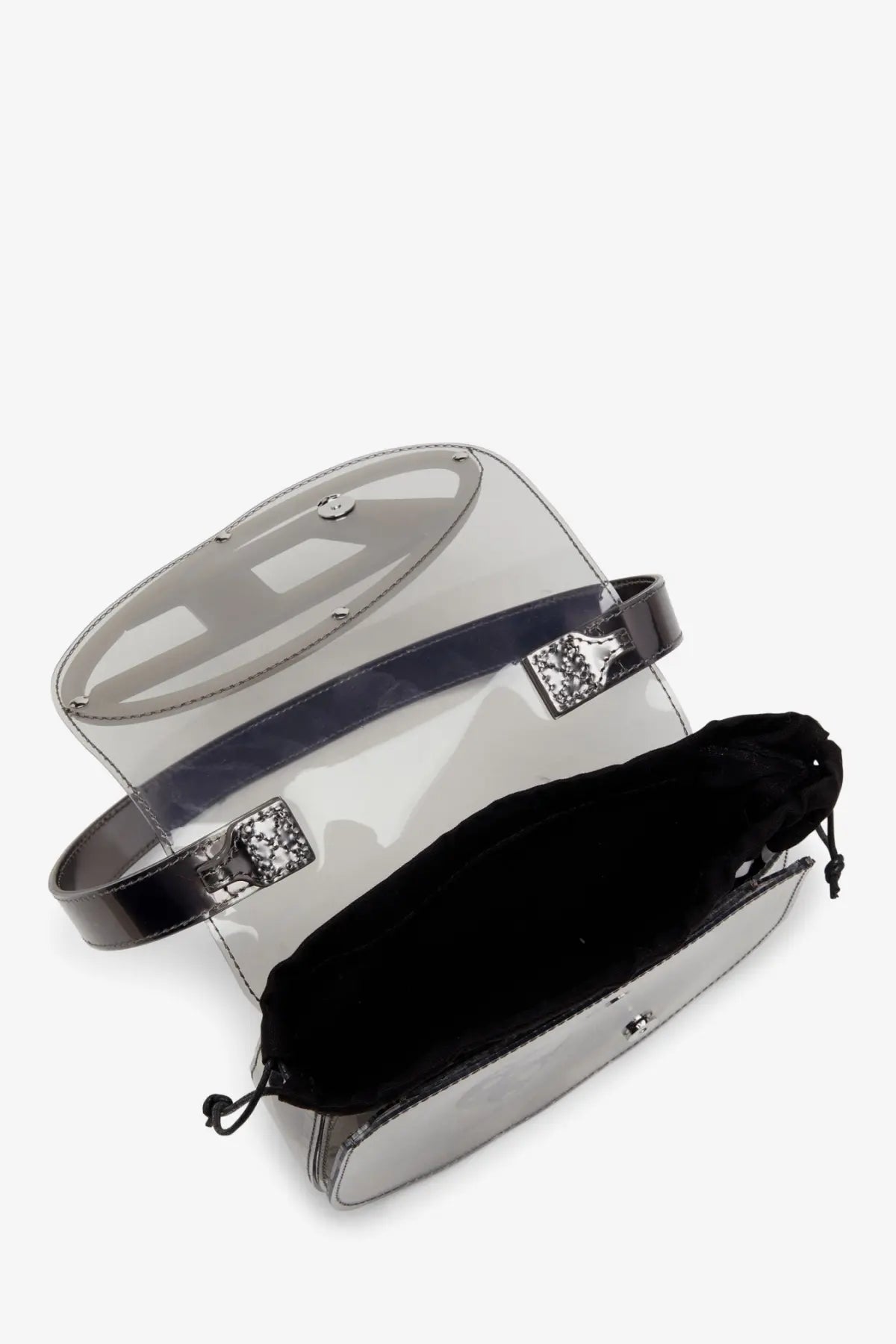 Diesel women’s clear vinyl crossbody bag with black patent leather strap silver-tone hardware and crystal embellishments