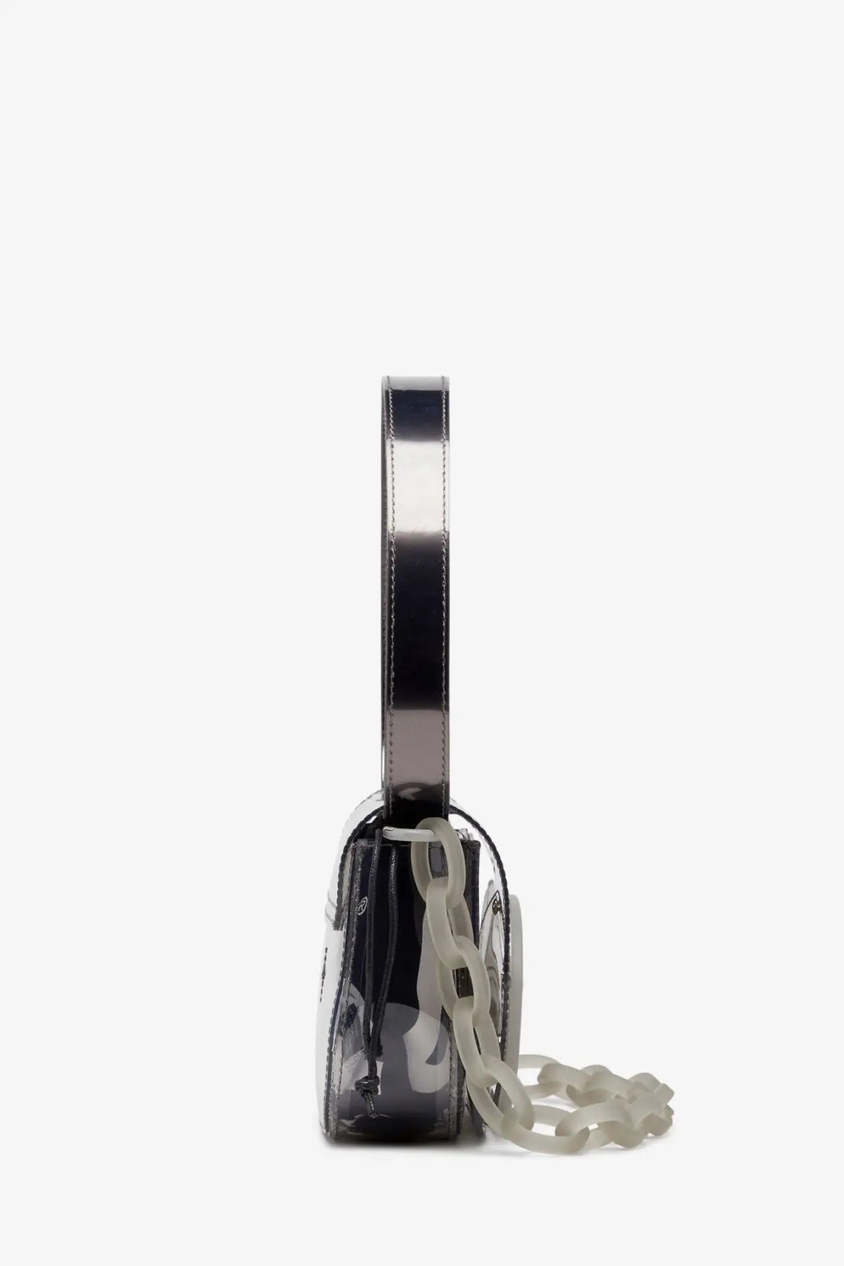 Diesel women’s black transparent tpu shoulder bag with metallic silver handle and off-white chain strap