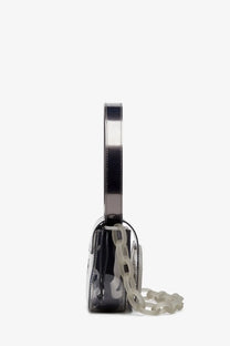Diesel women’s black transparent tpu shoulder bag with metallic silver handle and off-white chain strap