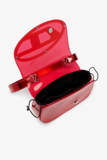 Diesel women’s red crossbody bag made of glossy patent leather with sleek modern design and black interior lining