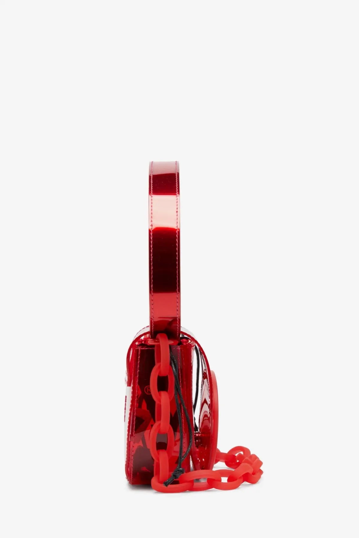 Diesel women’s red glossy transparent TPU shoulder bag with matching chain strap and handle