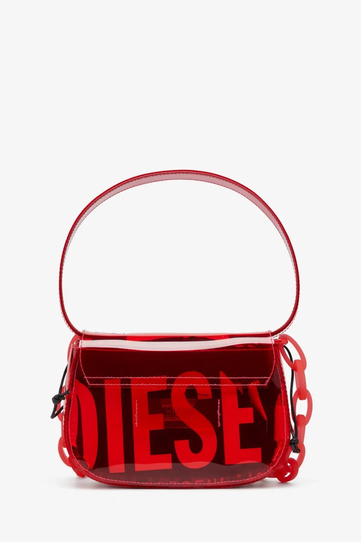 Red transparent tpu shoulder bag by diesel with bold red logo lettering and matching chain strap for women