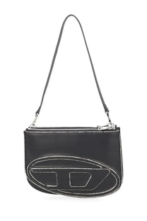 Diesel women’s twin bag black leather crossbody bag with bold white outlined logo and silver toned hardware