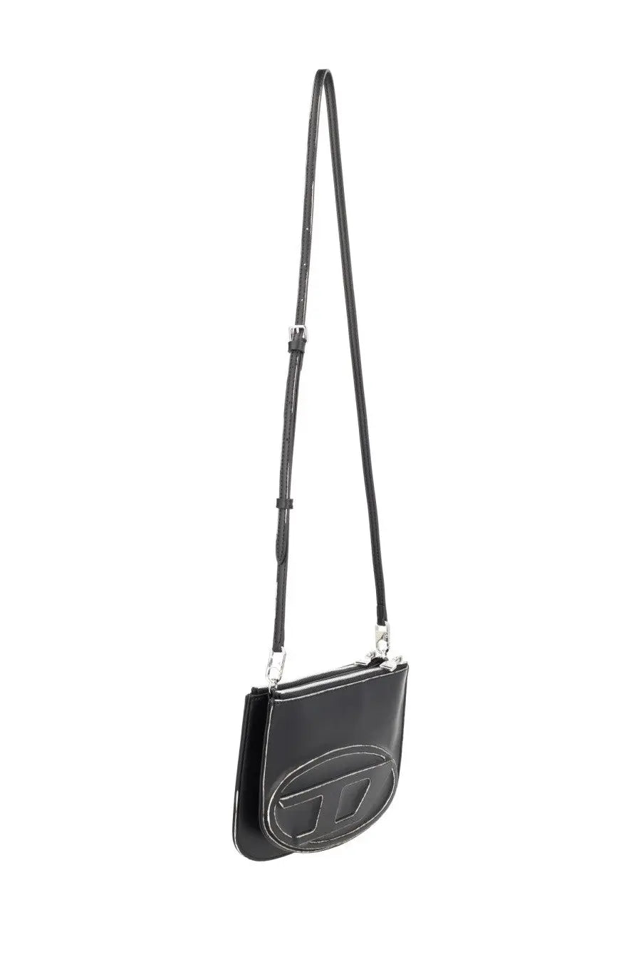 Diesel women’s twin bag black leather crossbody bag with a prominent oval logo on the front