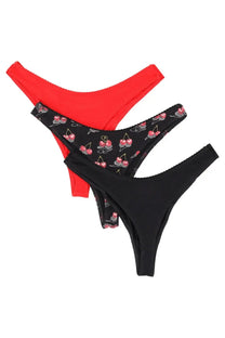Set of three diesel women’s of ufpn punchy briefs thong underwear in red black with cherry print and solid black