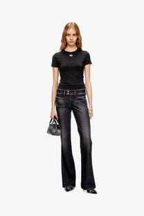 Black denim flare jeans with double-button front and subtle distressing from Diesel Women’s Uncutieslong OD cotton blend shirt black