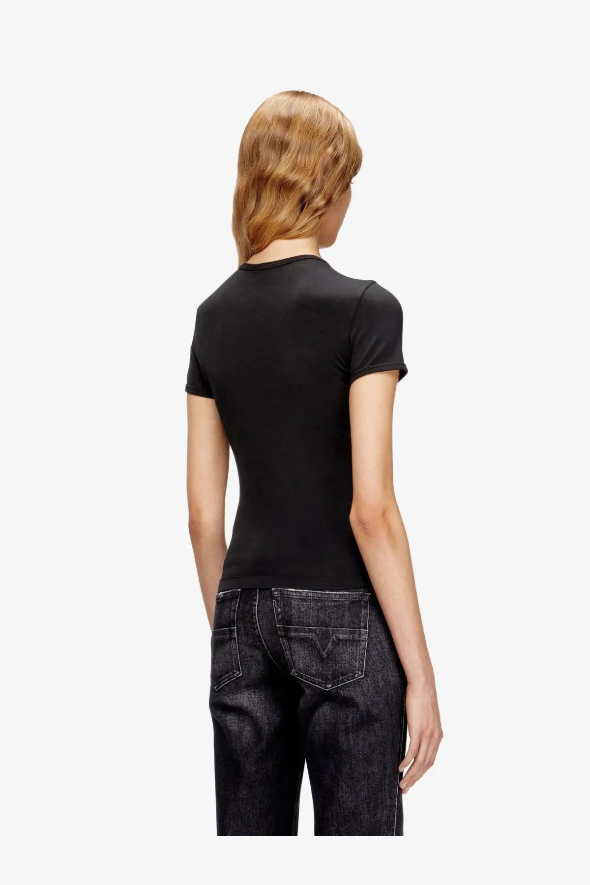Diesel women’s uncutieslong od black short sleeved fitted cotton blend tee with crew neck