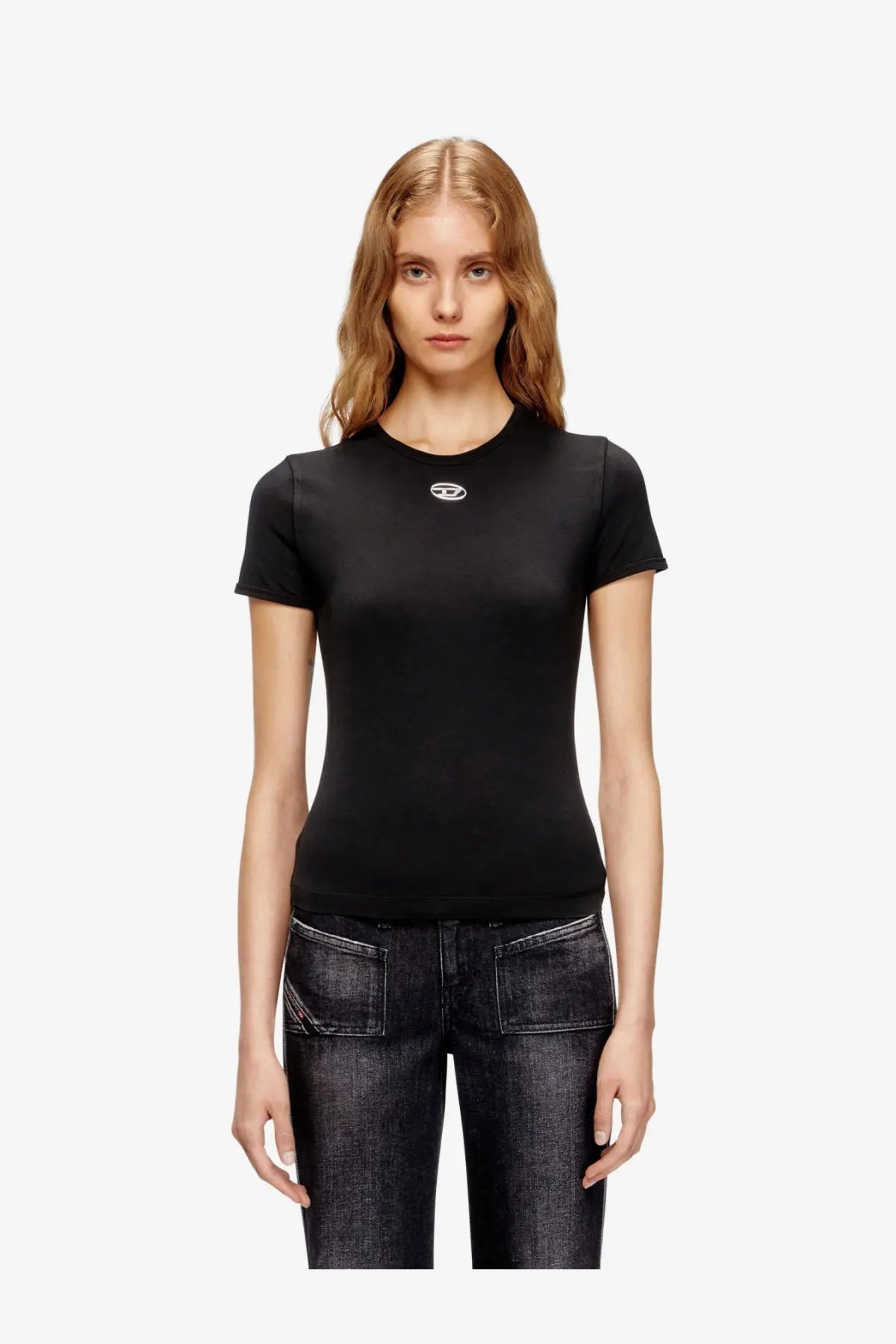 Diesel women’s black uncutieslong OD cotton blend short-sleeved t-shirt with small white chest logo