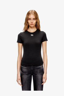 Diesel women’s black uncutieslong OD cotton blend short-sleeved t-shirt with small white chest logo