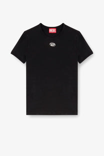 Diesel women’s uncutieslong OD cotton blend black t-shirt with white logo on chest and red brand tag at collar