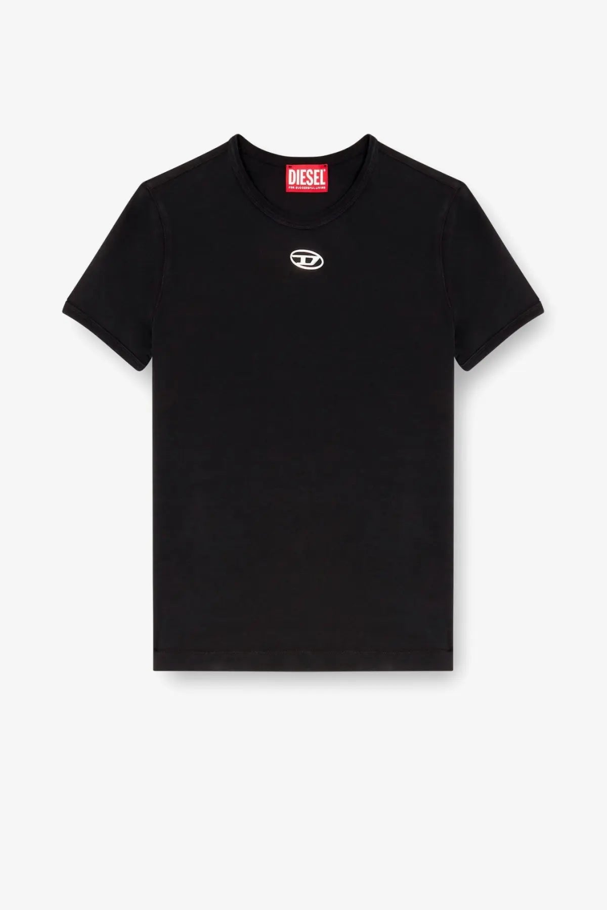 Diesel women’s uncutieslong od cotton blend black t-shirt with white chest logo and red brand tag at the collar