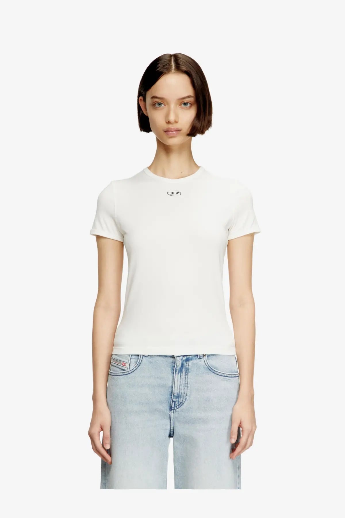 Diesel women’s uncutieslong OD white short-sleeved cotton blend t-shirt with small embroidered face detail at neckline