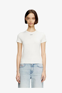 Diesel women’s uncutieslong OD white short-sleeved cotton blend t-shirt with small embroidered face detail at neckline