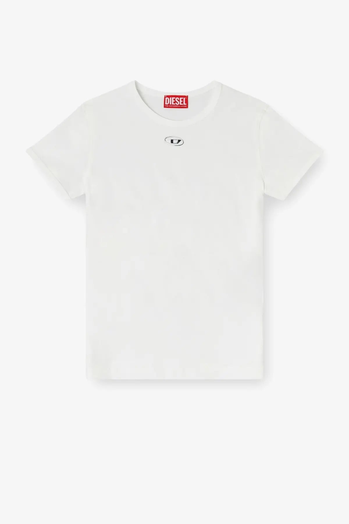 Diesel women’s uncutieslong od cotton blend white t-shirt with small black chest logo and red brand tag at neckline