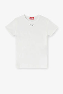 Diesel womens uncutieslong od cotton blend white t-shirt with a small black logo on the chest and a red neckline tag