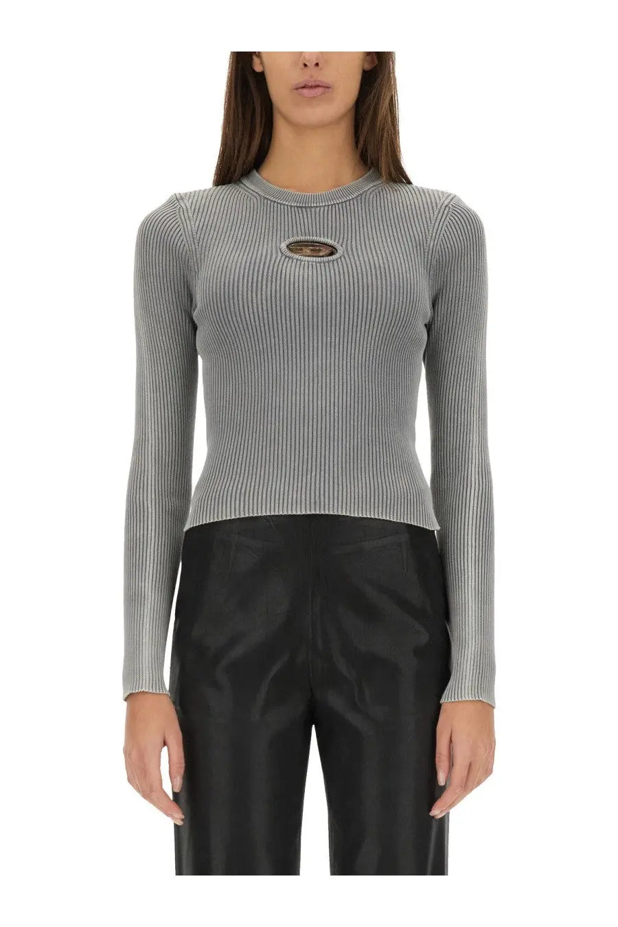 Diesel women’s valary jersey grey long-sleeve ribbed top with circular chest cutout detail in soft fabric
