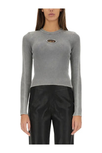 Diesel women’s valary jersey grey long-sleeve ribbed top with circular chest cutout detail in soft fabric