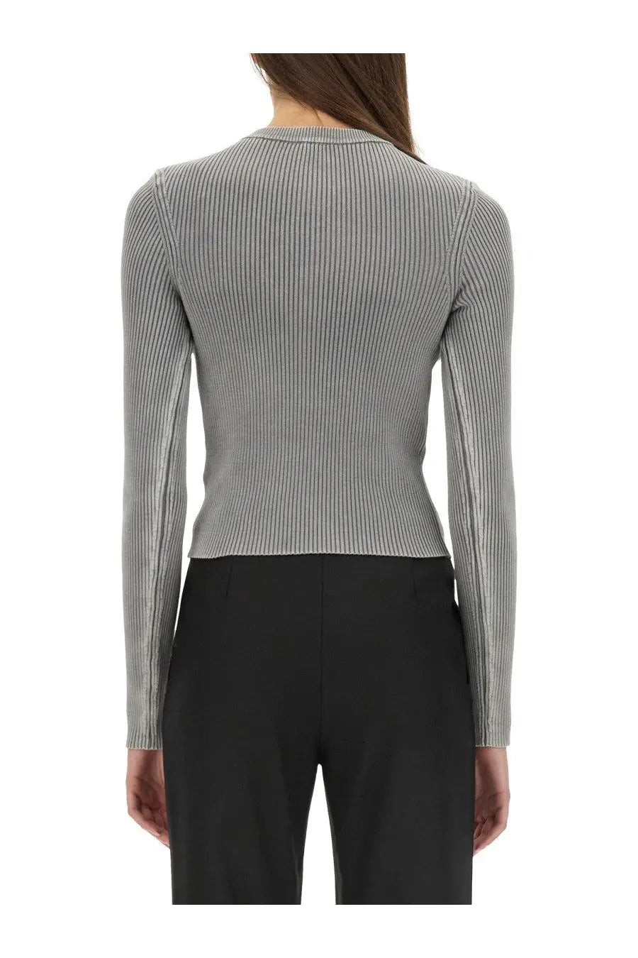 Diesel women’s Valary Jersey grey sleek ribbed knit long-sleeve top with fitted silhouette and subtle vertical texture