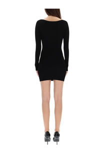 Diesel women’s Vera dress is a black long-sleeved knit mini dress with a boat neckline
