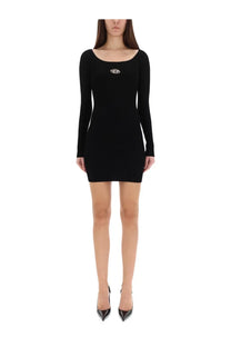 Diesel women’s Vera dress black long-sleeved mini dress with square neckline and small silver logo on the chest