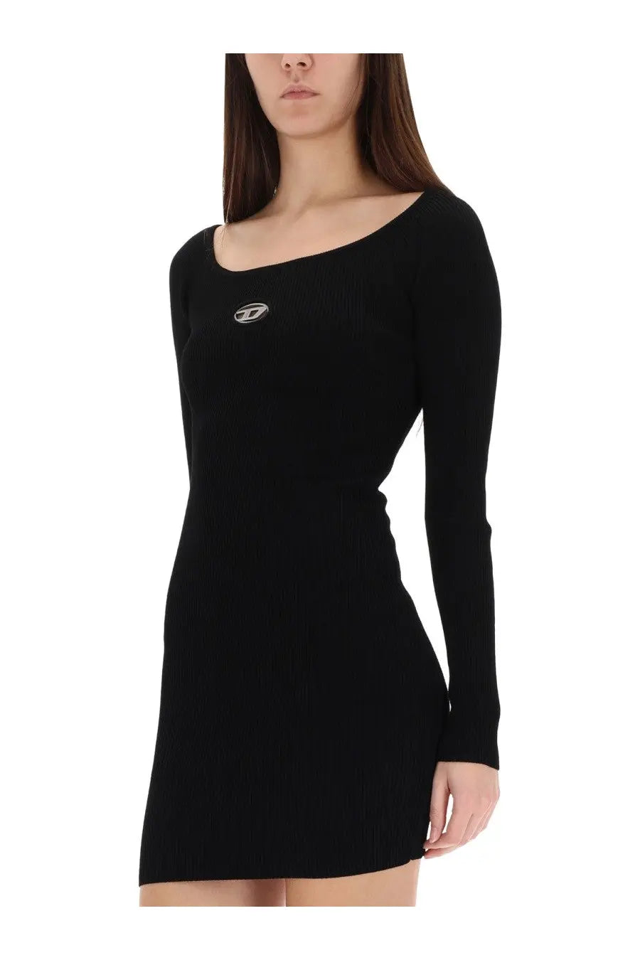 Diesel women’s Vera dress black ribbed knit mini dress with long sleeves square neckline and silver logo on chest