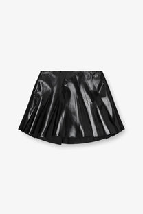 Diesel women’s black pleated mini skirt with glossy patent leather finish in virgin wool blend material