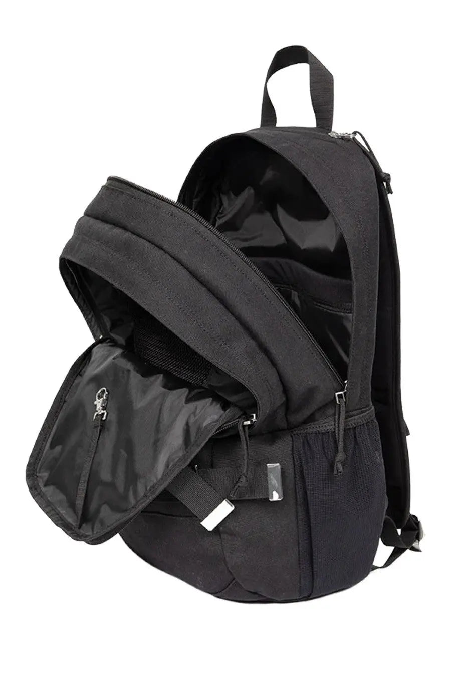 Dime x Eastpak men’s black canvas backpack with multiple zippers and front pocket with silver metal clasp
