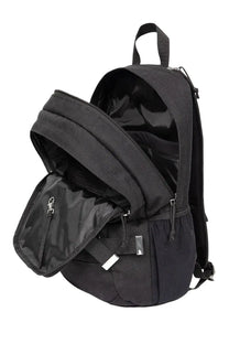 Dime x Eastpak men’s black canvas backpack with multiple zippers and front pocket with silver metal clasp